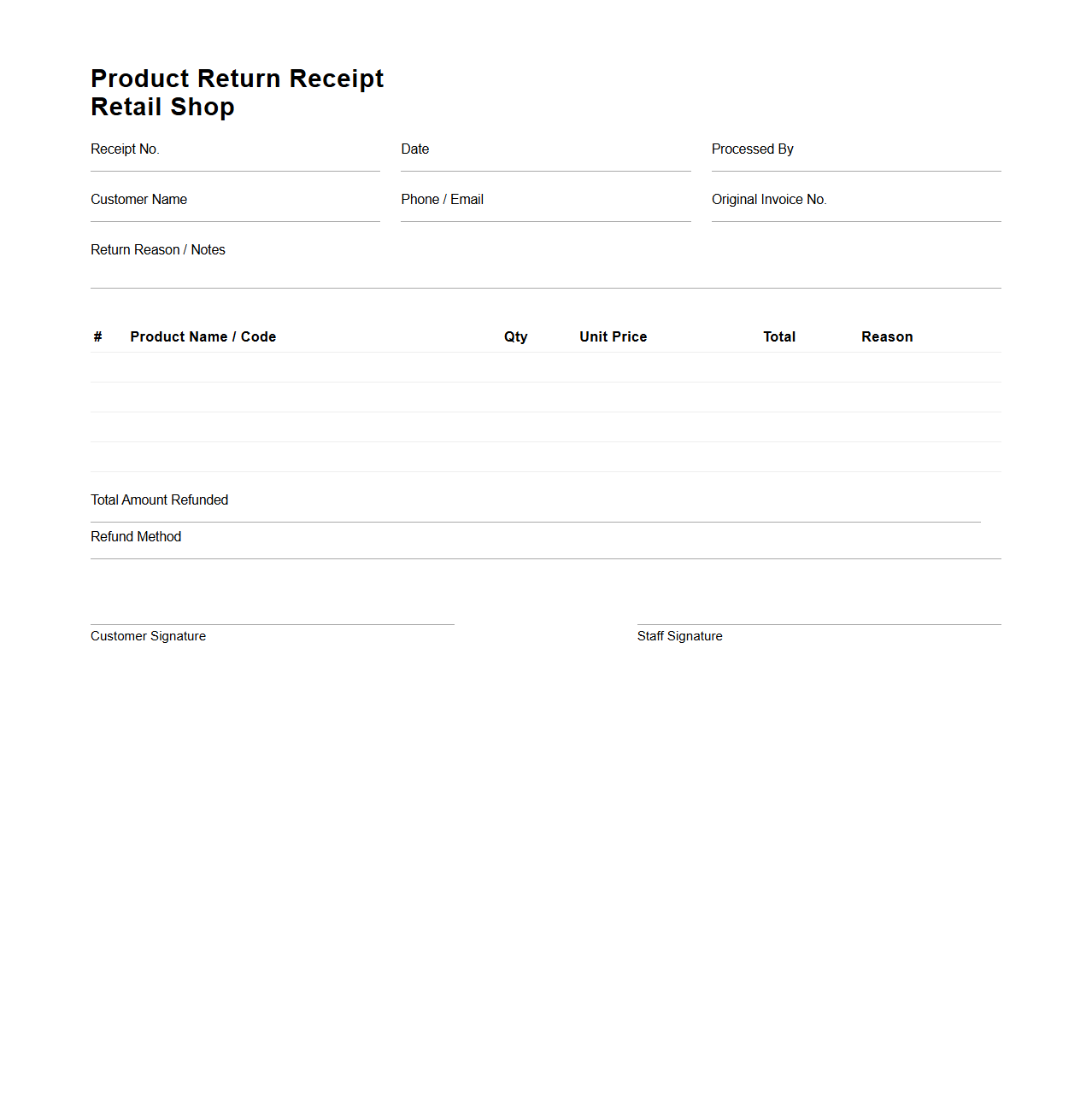 Product Return Receipt for Retail Shop