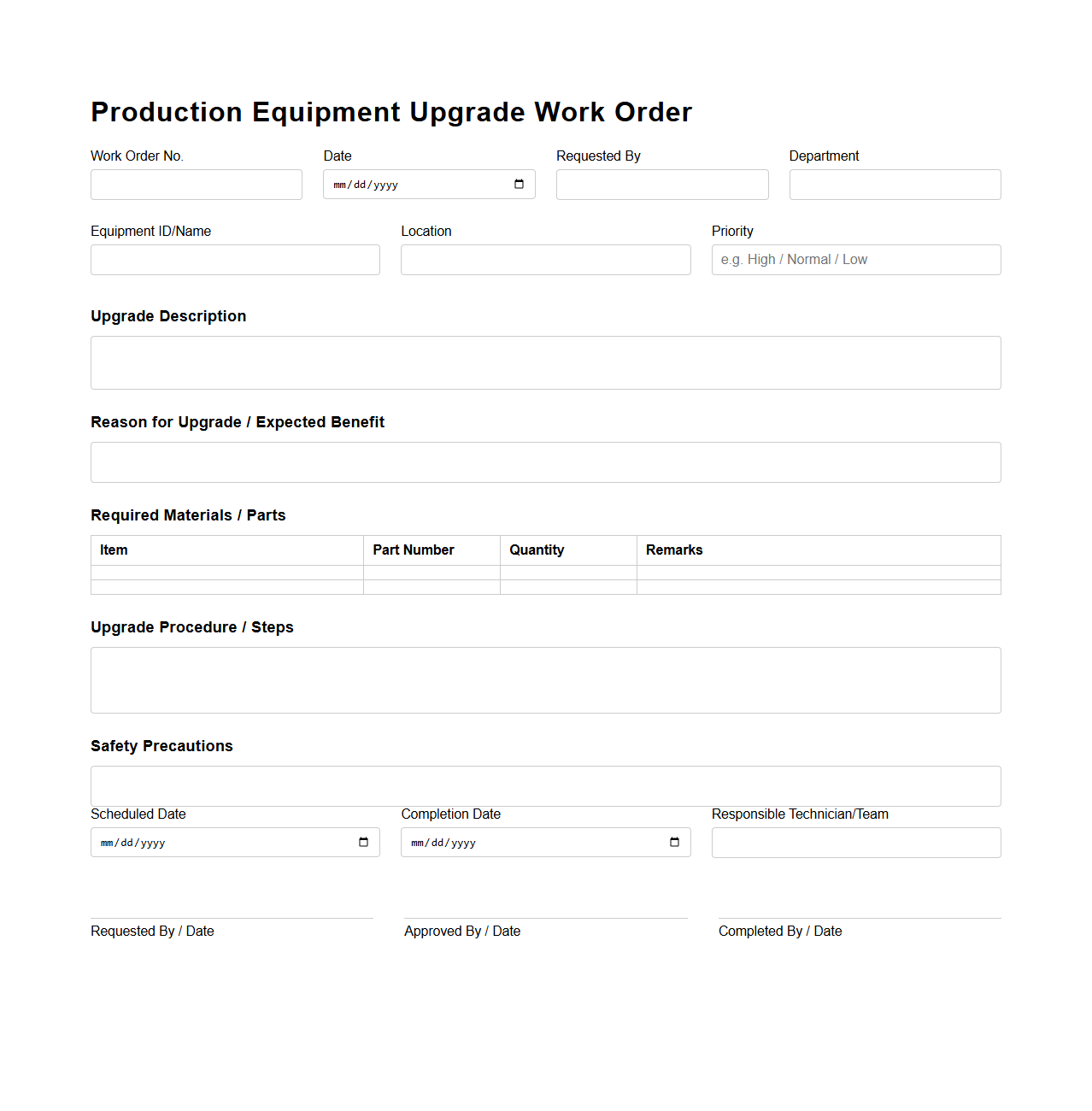 Production Equipment Upgrade Work Order Template