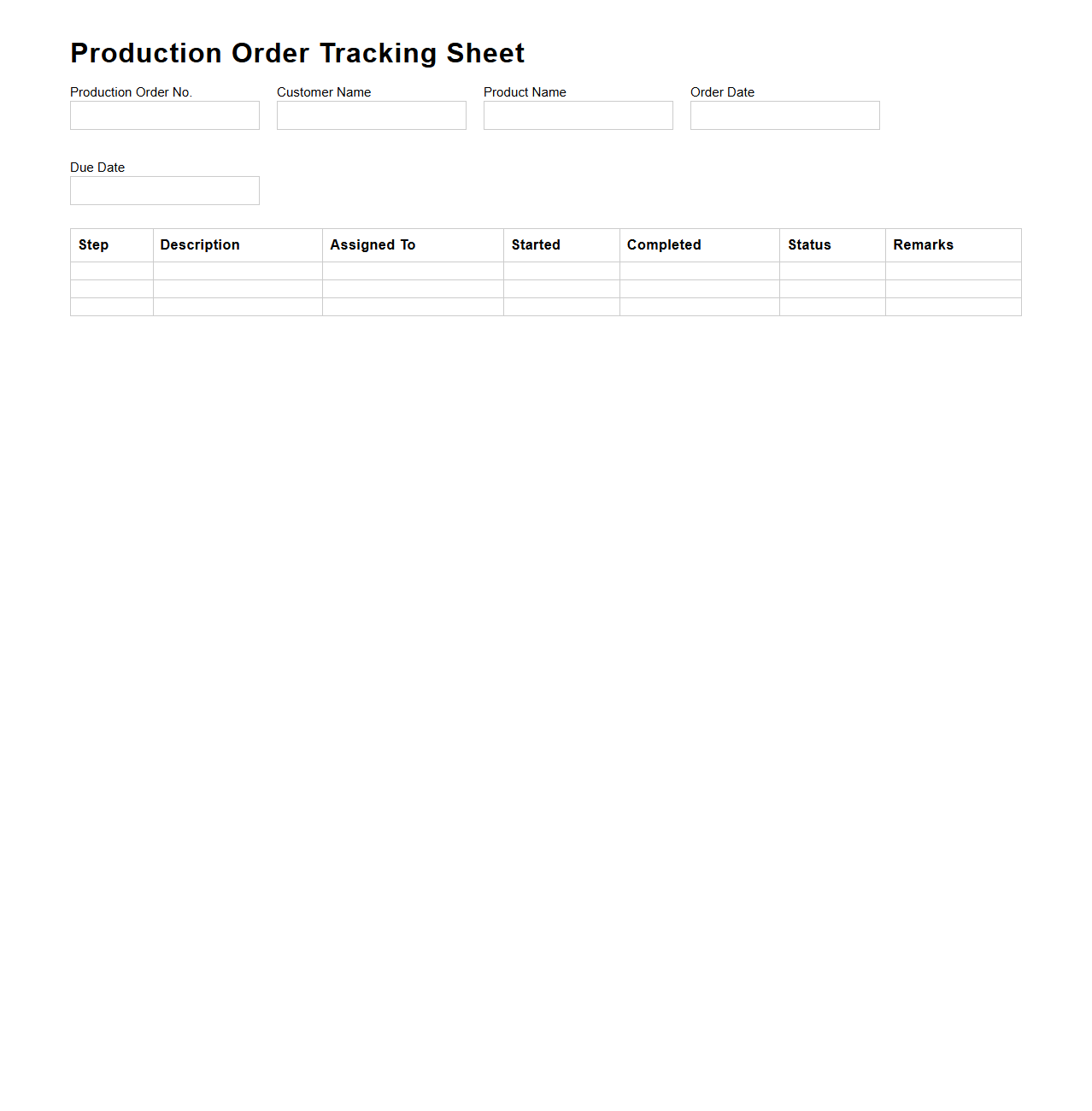 Production Order Tracking Sheet