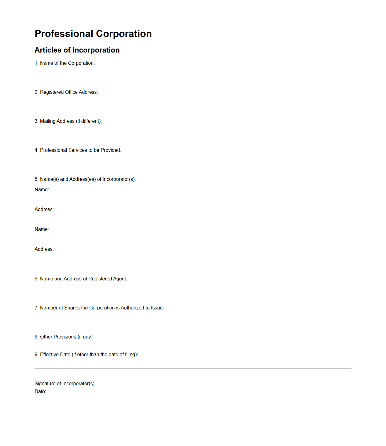 Professional Corporation Articles of Incorporation Form