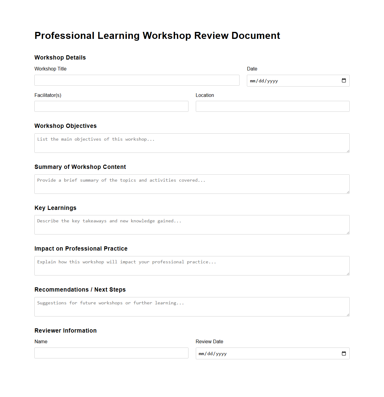 Professional Learning Workshop Review Document