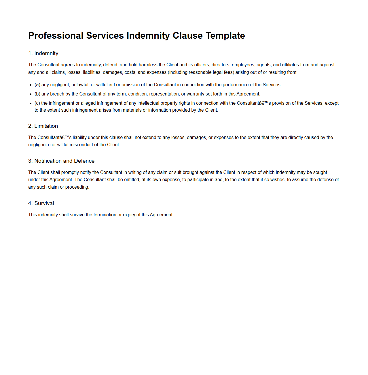 Professional Services Indemnity Clause Template for Consulting Agreements