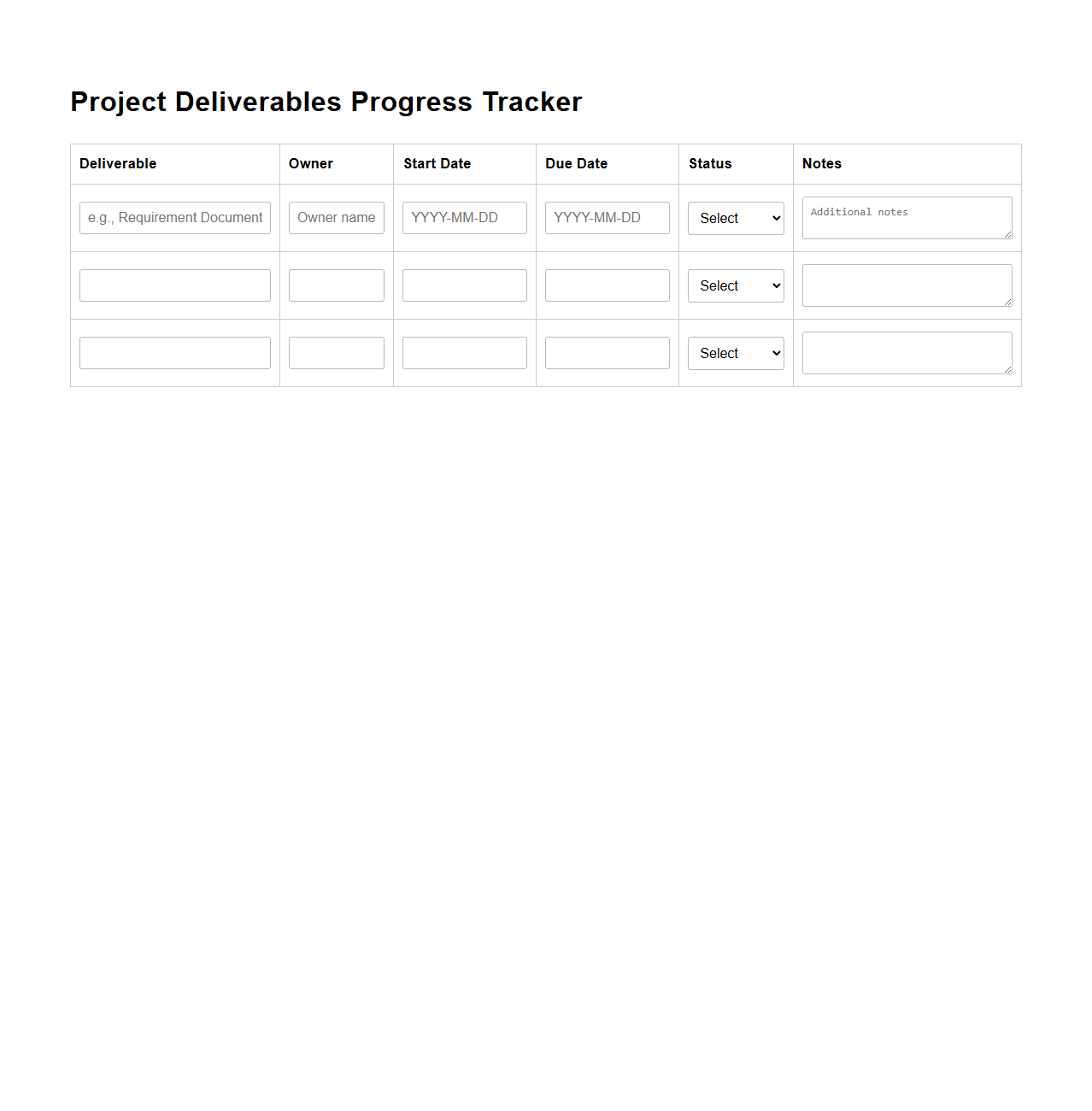 Project Deliverables Progress Tracker Template