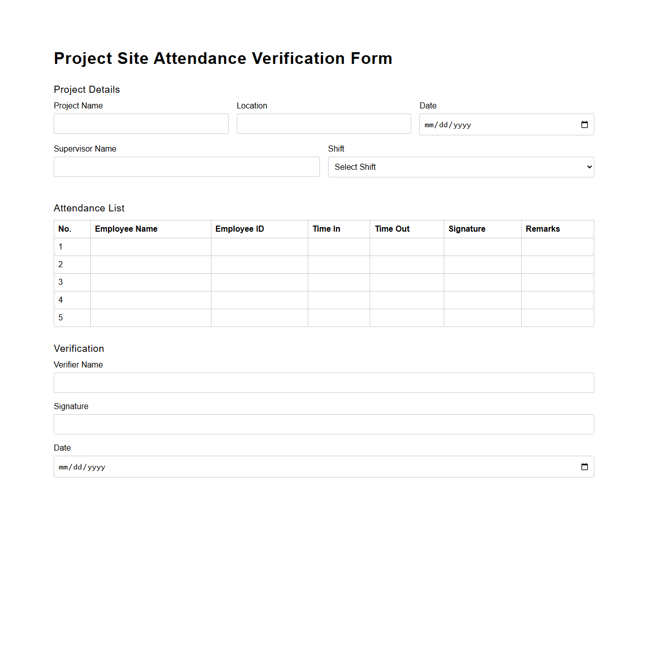 Project Site Attendance Verification Form