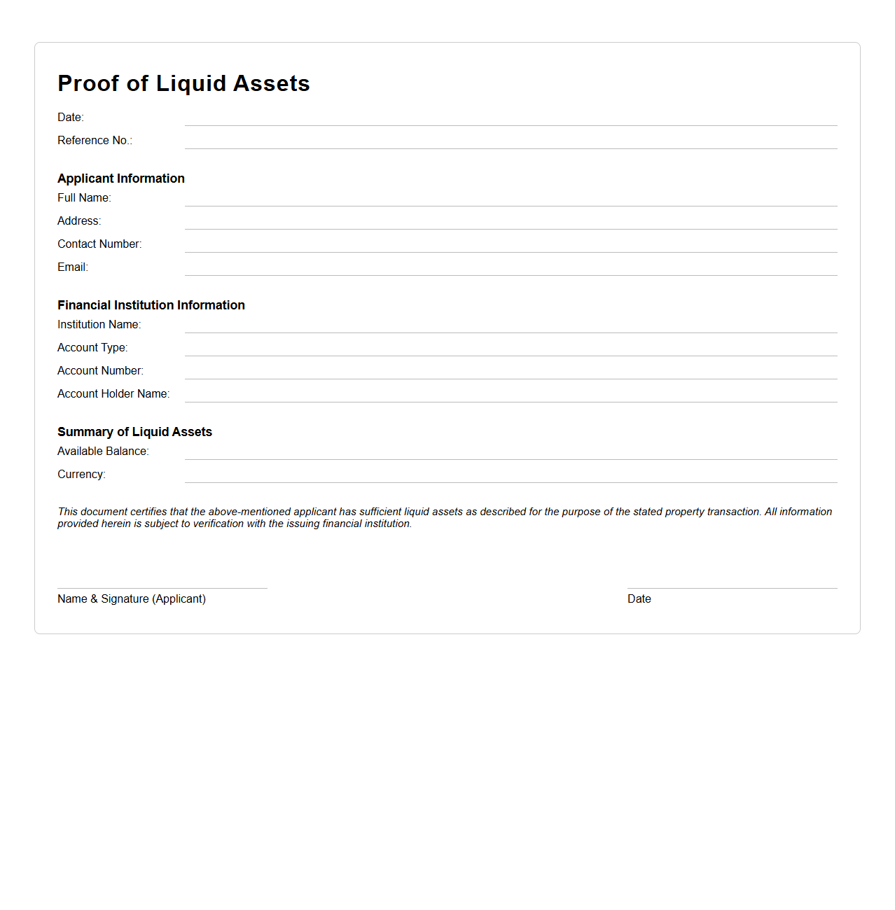 Proof of Liquid Assets Document for Property Transaction
