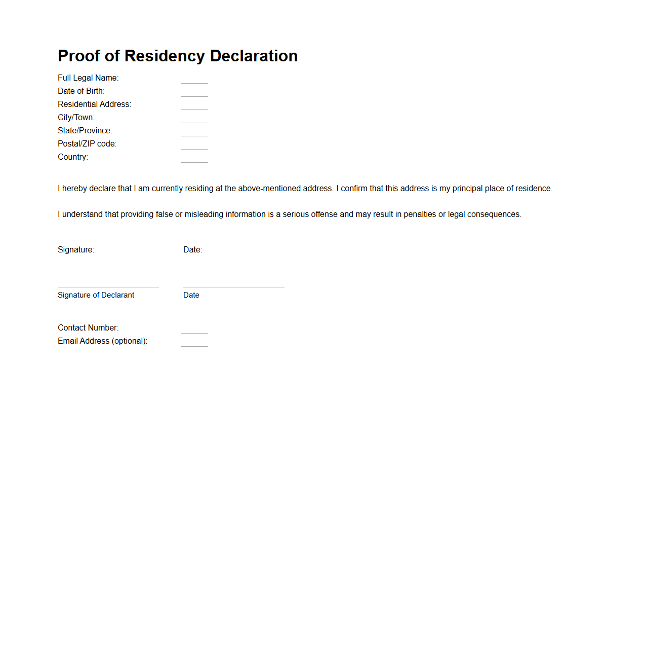 Proof of Residency Declaration Format