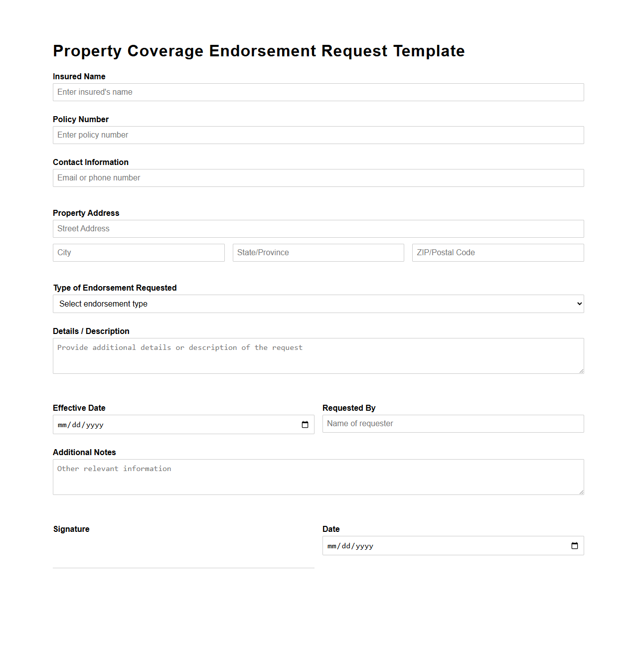 Property Coverage Endorsement Request Template