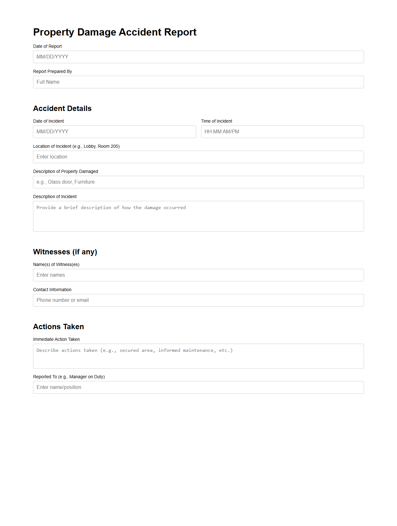 Property Damage Accident Report Example for Hotel Facilities