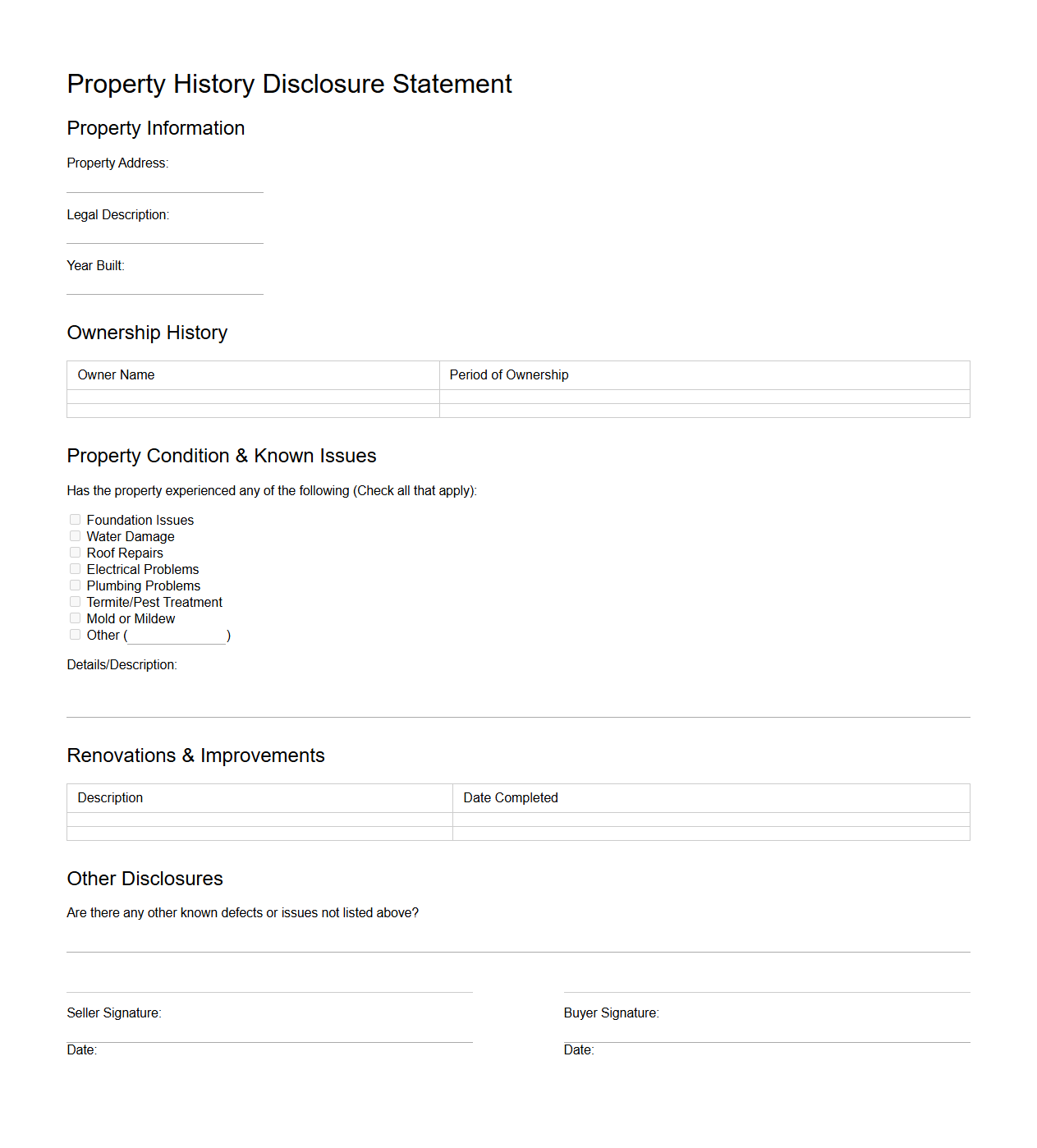 Property History Disclosure Statement Format