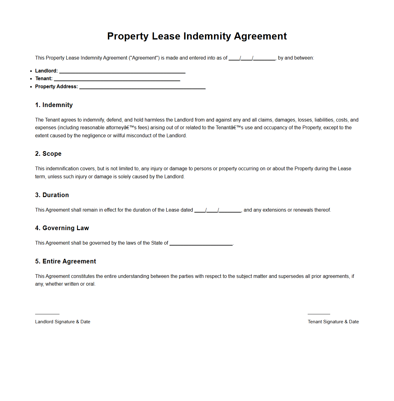 Property Lease Indemnity Agreement Example for Landlords and Tenants