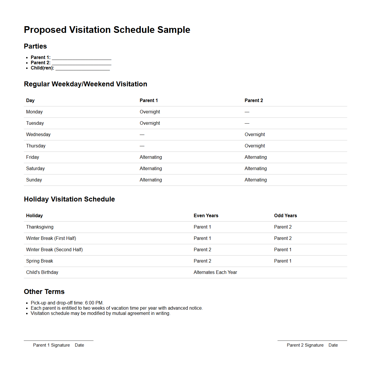 Proposed Visitation Schedule Sample