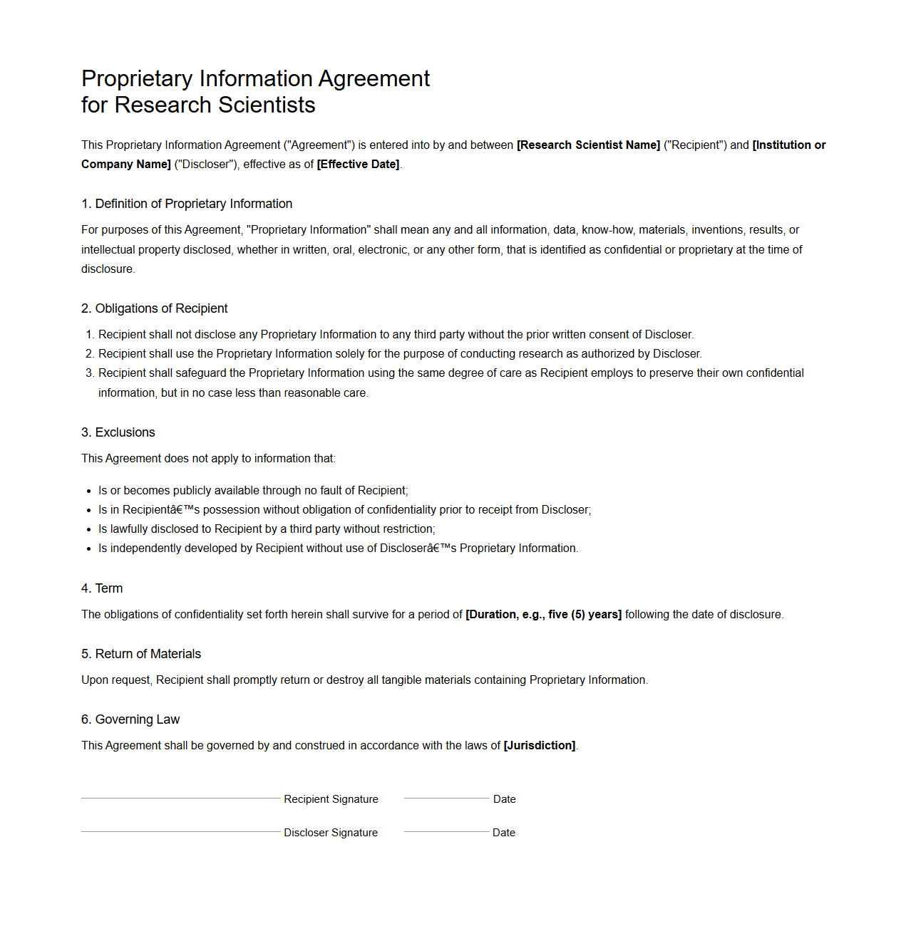 Proprietary Information Agreement for Research Scientists