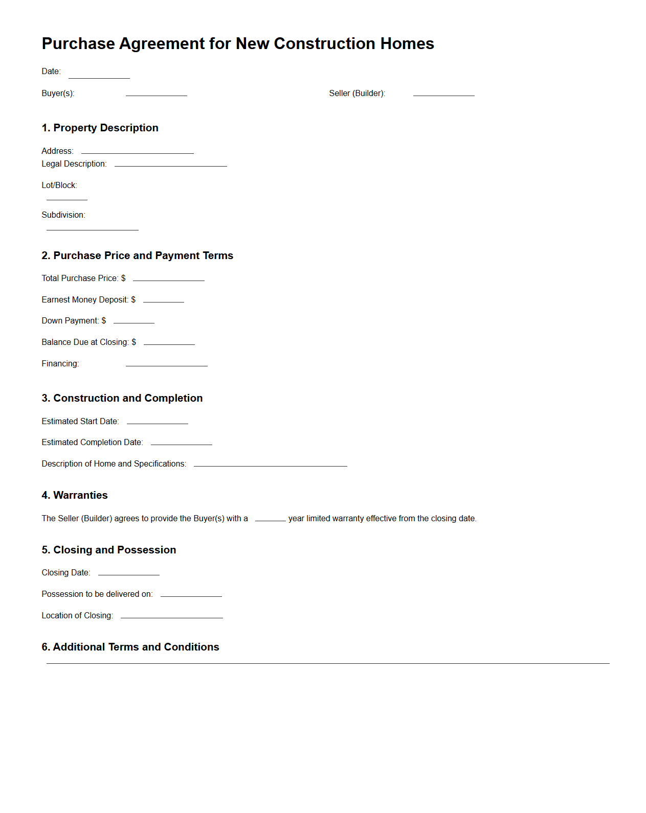 Purchase Agreement for New Construction Homes