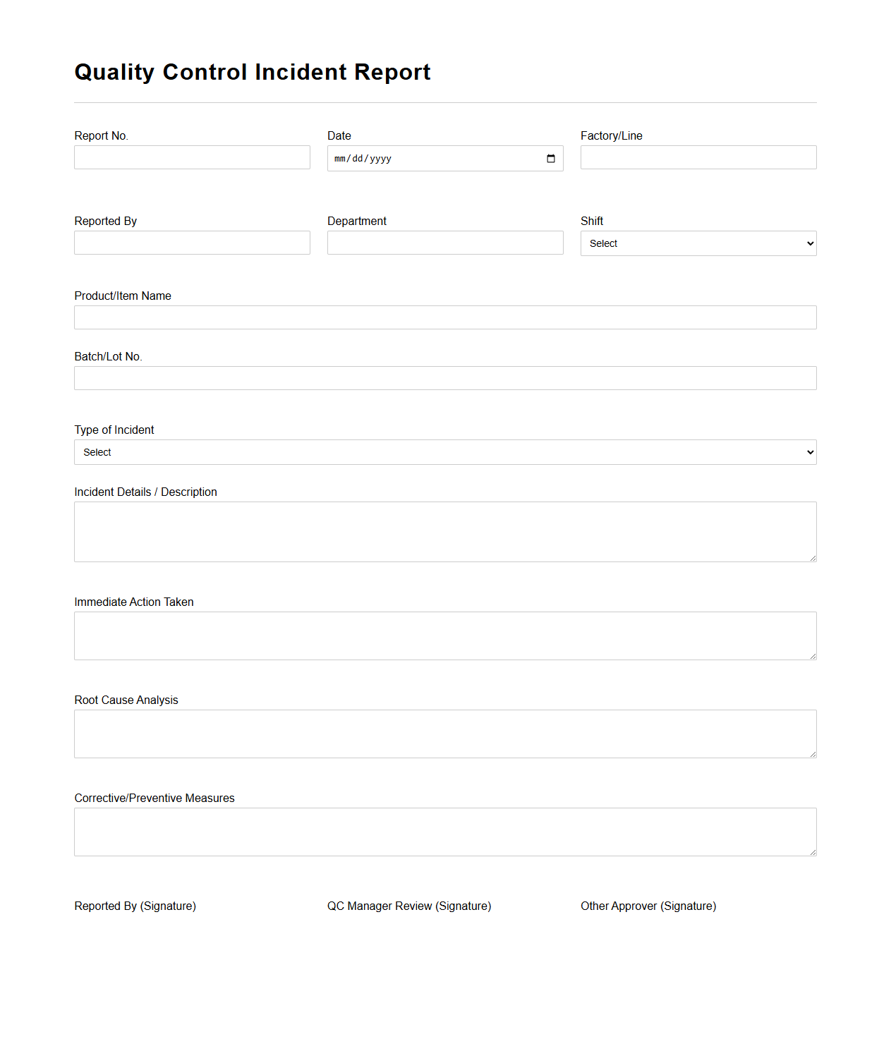 Quality Control Incident Report Template for Factories