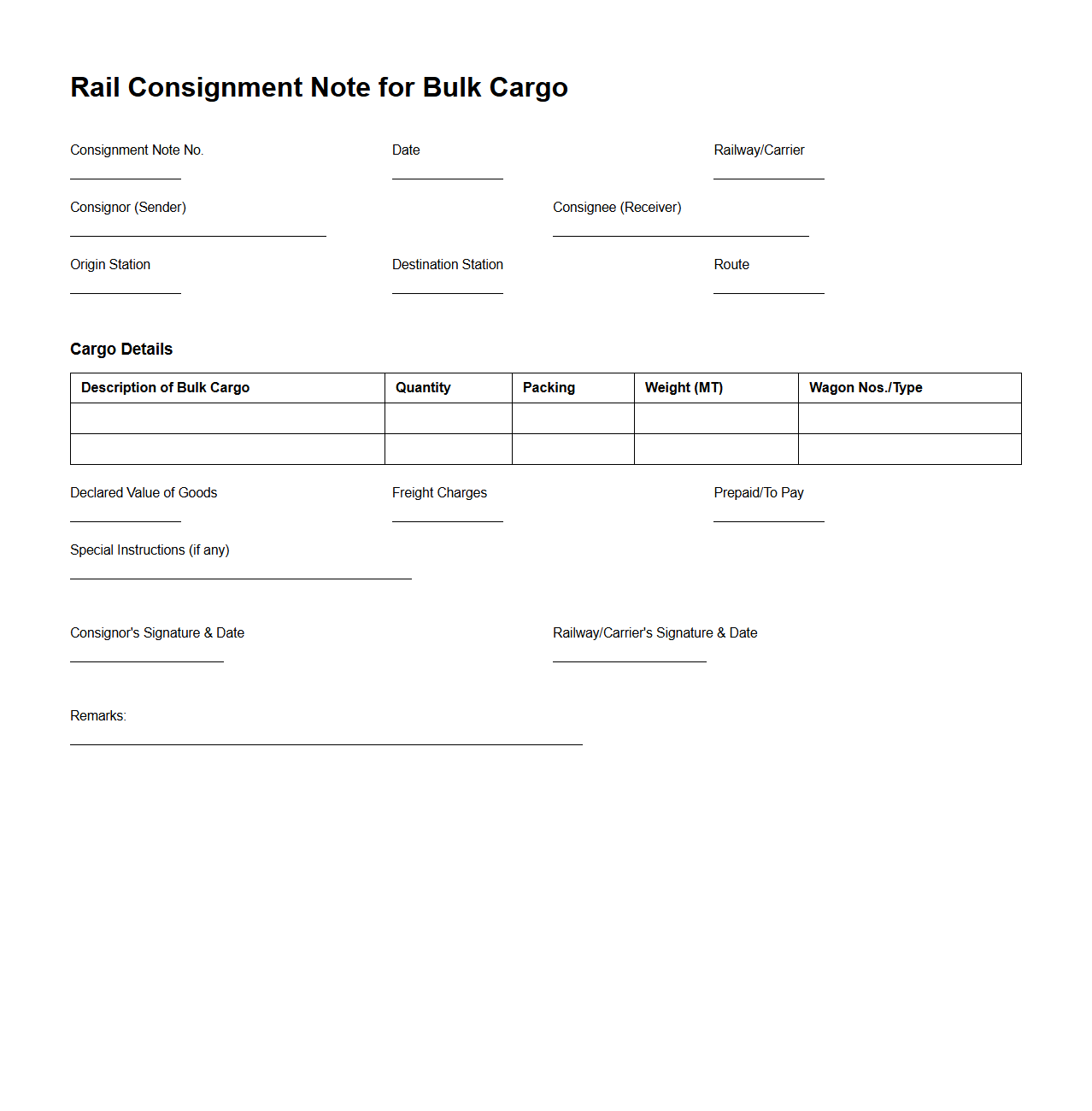 Rail Consignment Note Template for Bulk Cargo