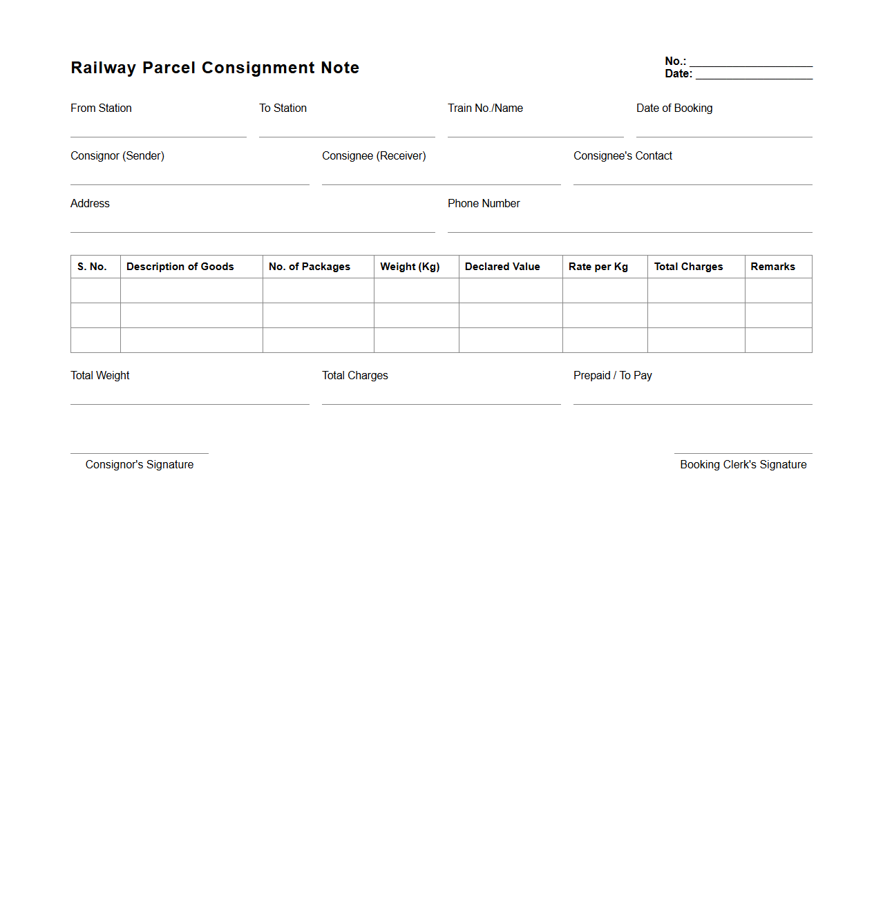 Railway Parcel Consignment Note Layout