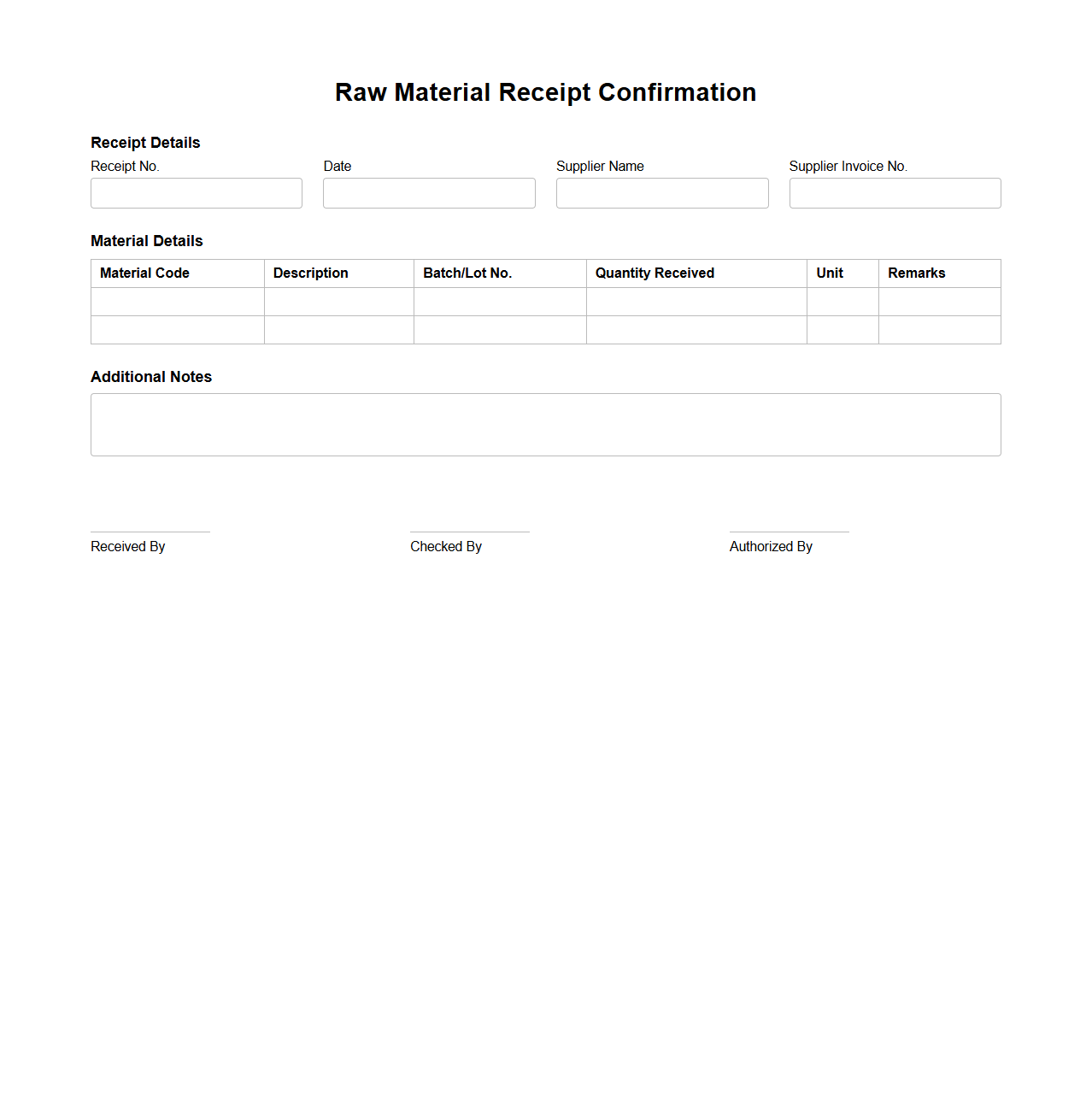 Raw Material Receipt Confirmation for Inventory Control