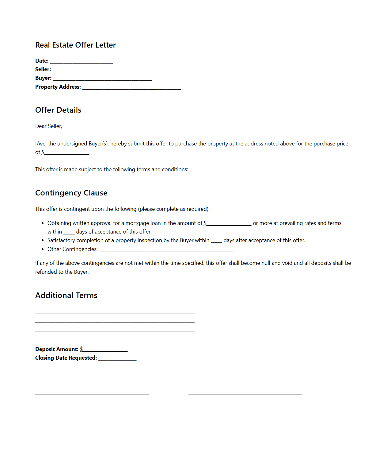 Real Estate Offer Letter With Contingency Clause