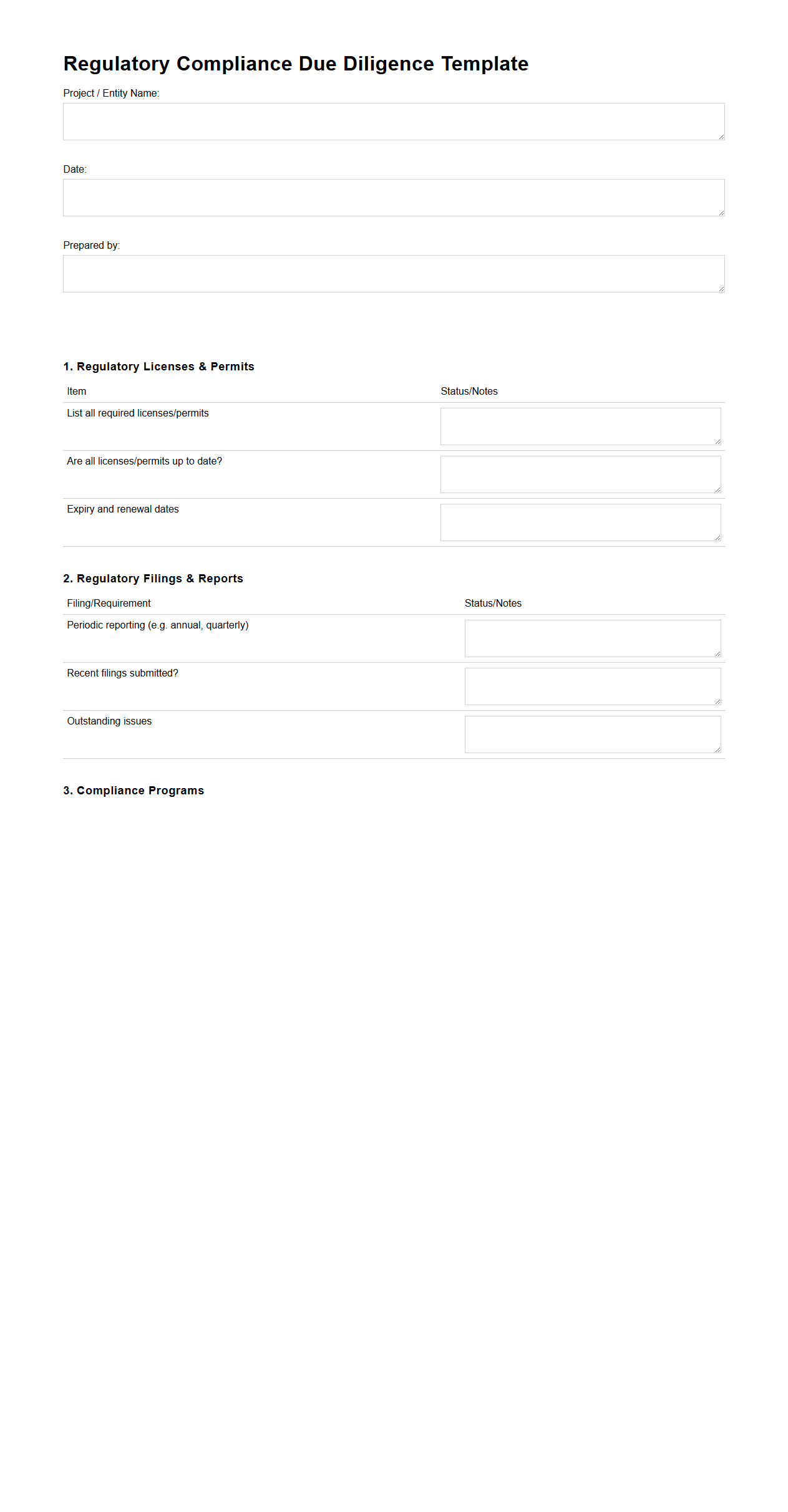 Regulatory Compliance Due Diligence Template