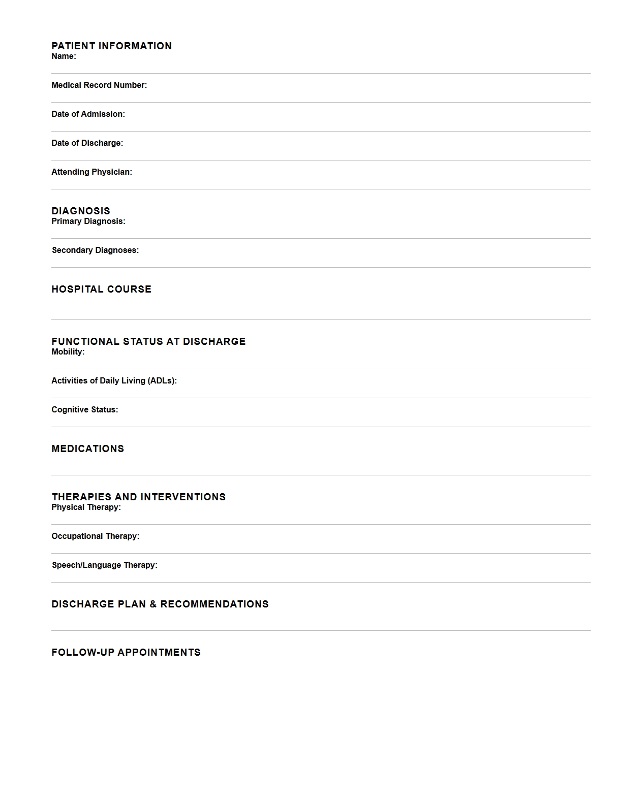 Rehabilitation Inpatient Discharge Summary Outline