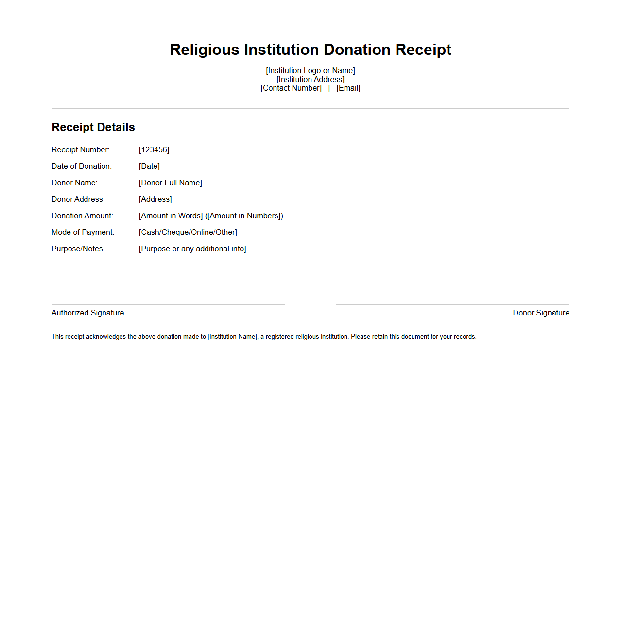 Religious Institution Donation Receipt Format