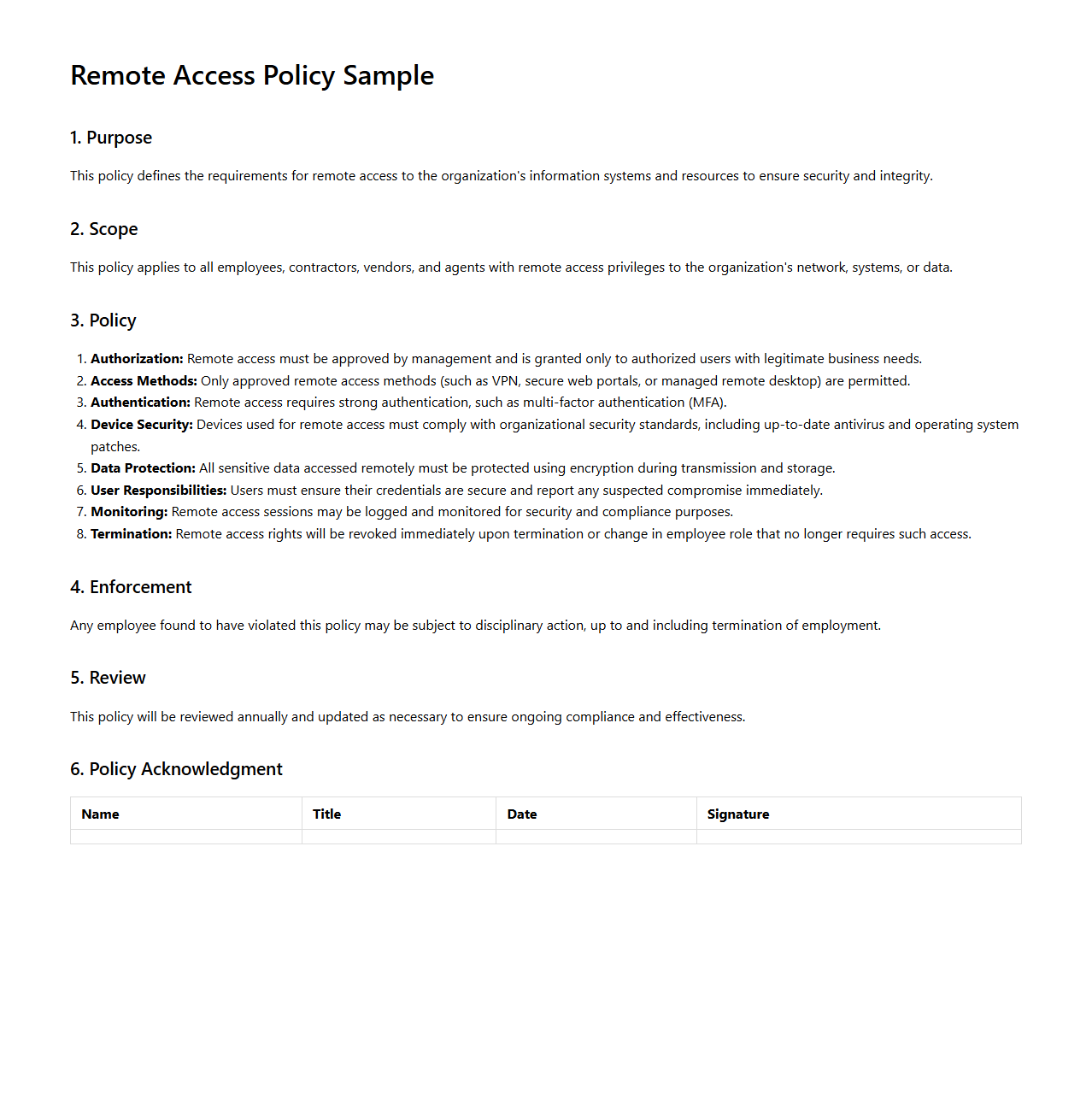 Remote Access Policy Sample