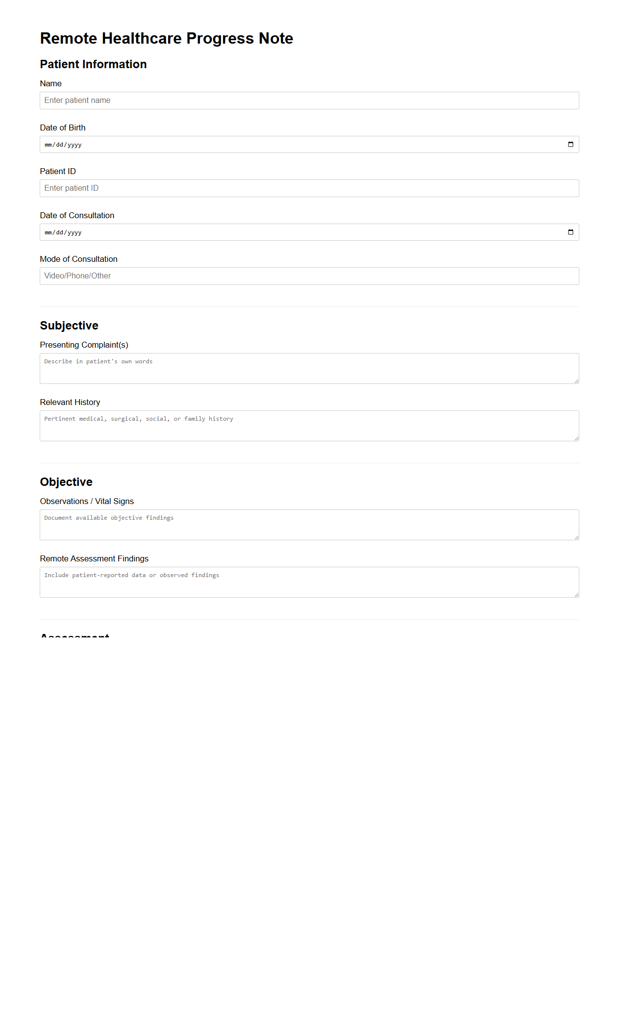 Remote Healthcare Progress Note Template