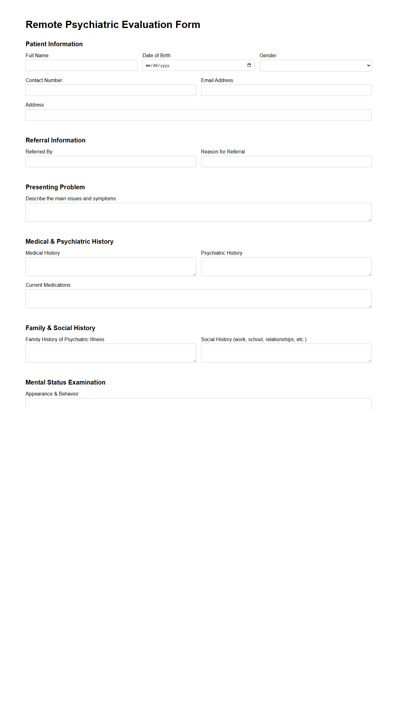 Remote Psychiatric Evaluation Form Sample