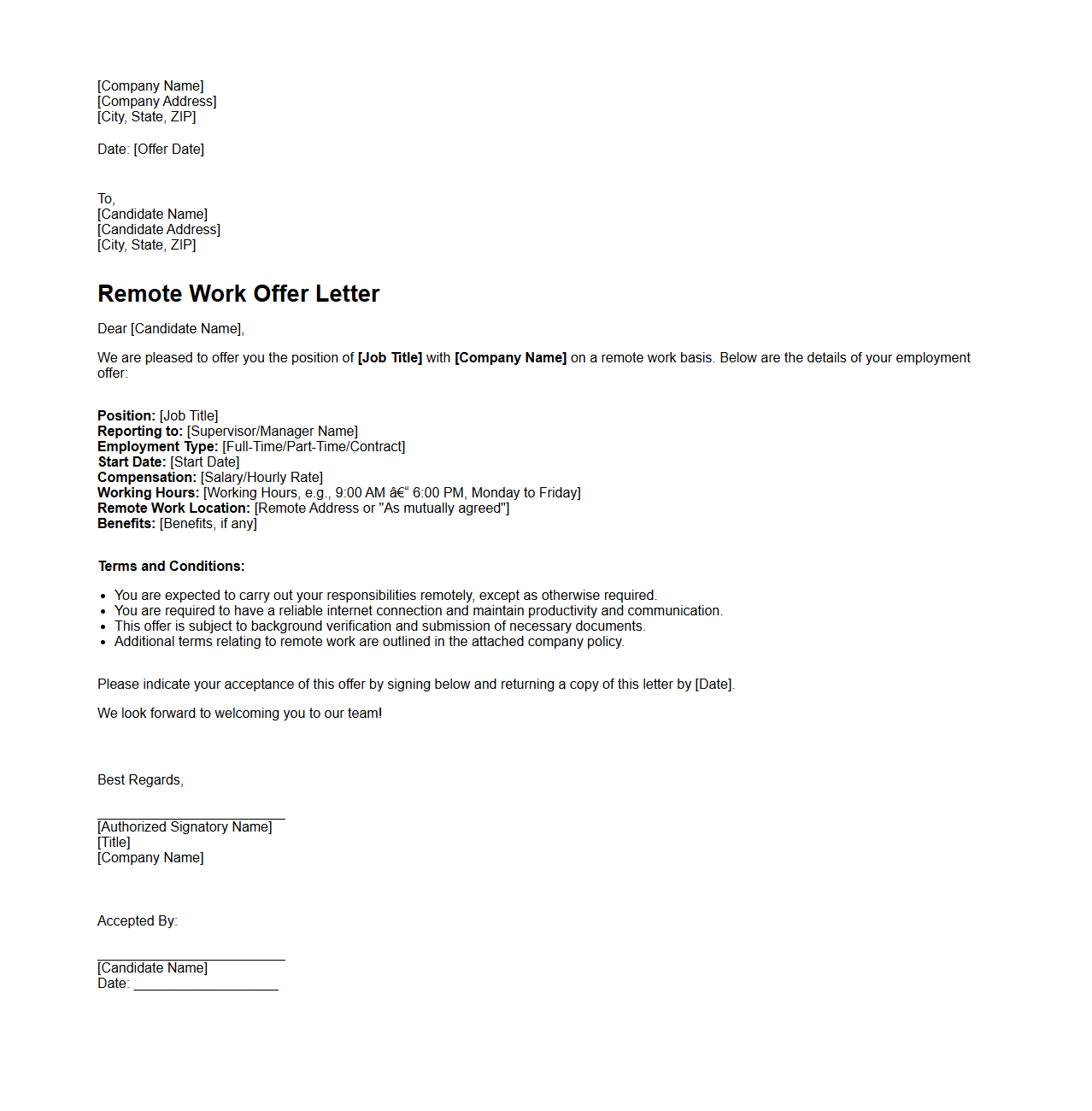 Remote Work Offer Letter Format