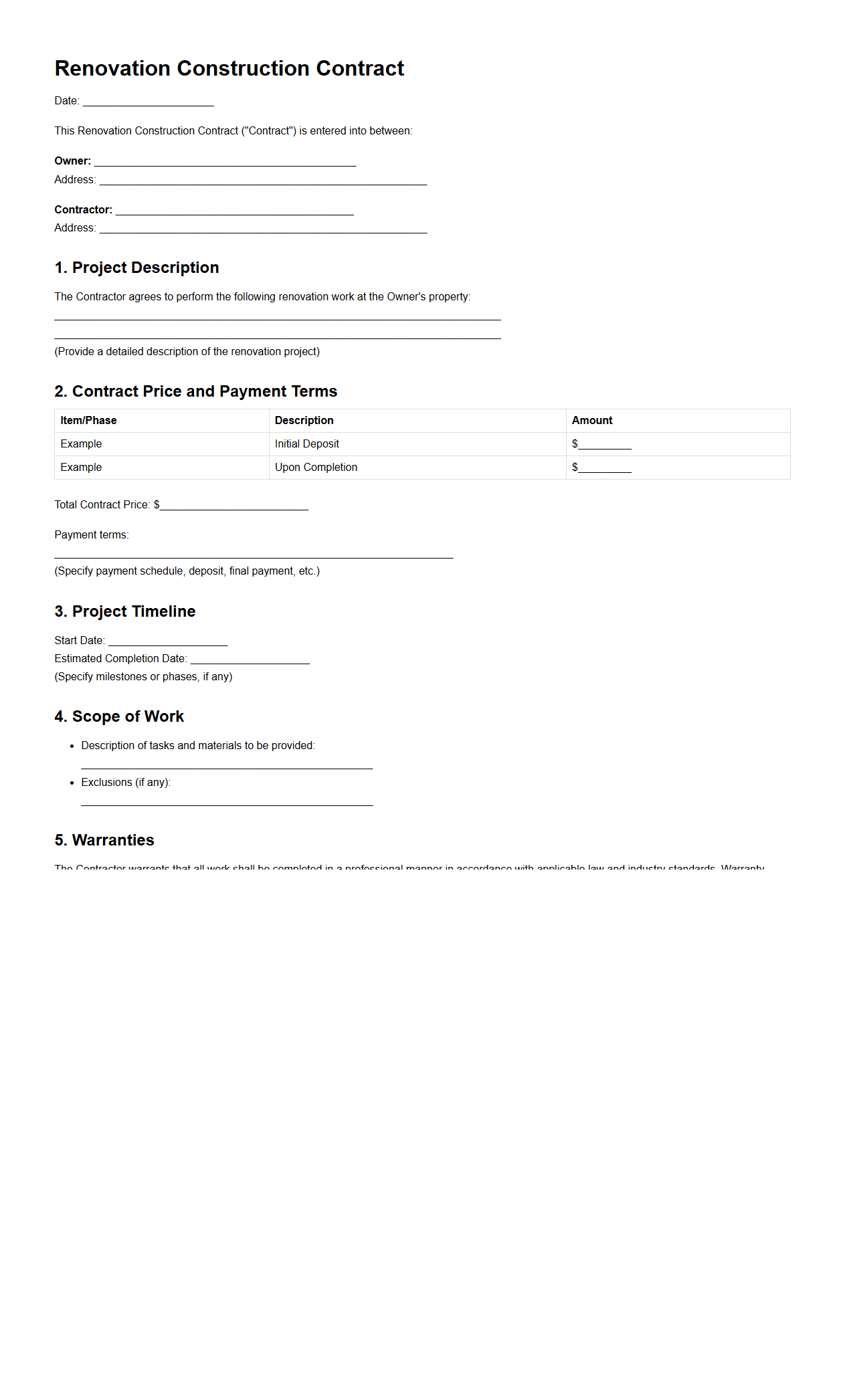 Renovation Construction Contract Template