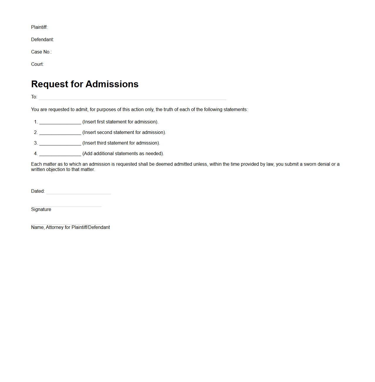 Request for Admissions Sample