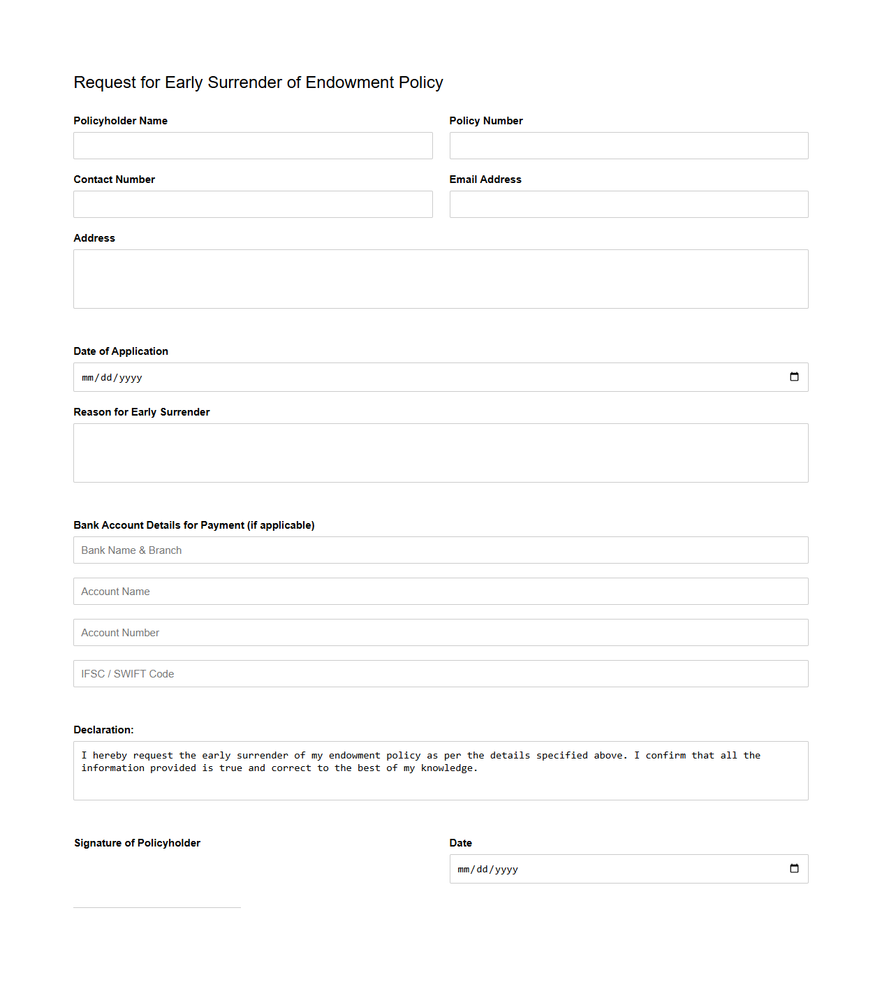 Request for Early Surrender of Endowment Policy