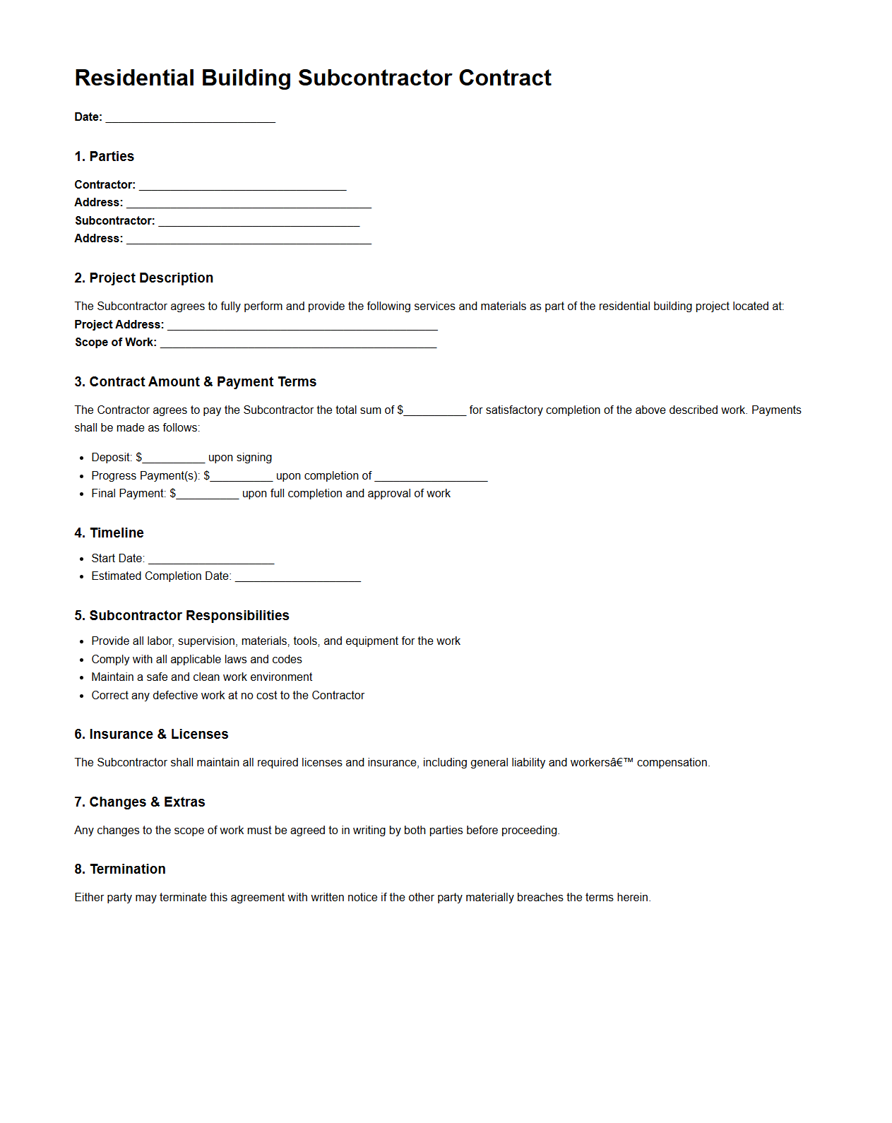 Residential Building Subcontractor Contract Example