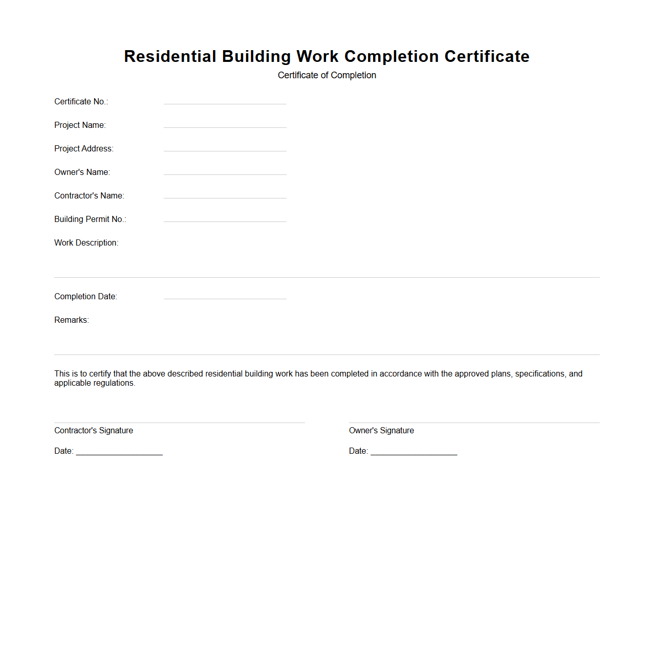 Residential Building Work Completion Certificate Template