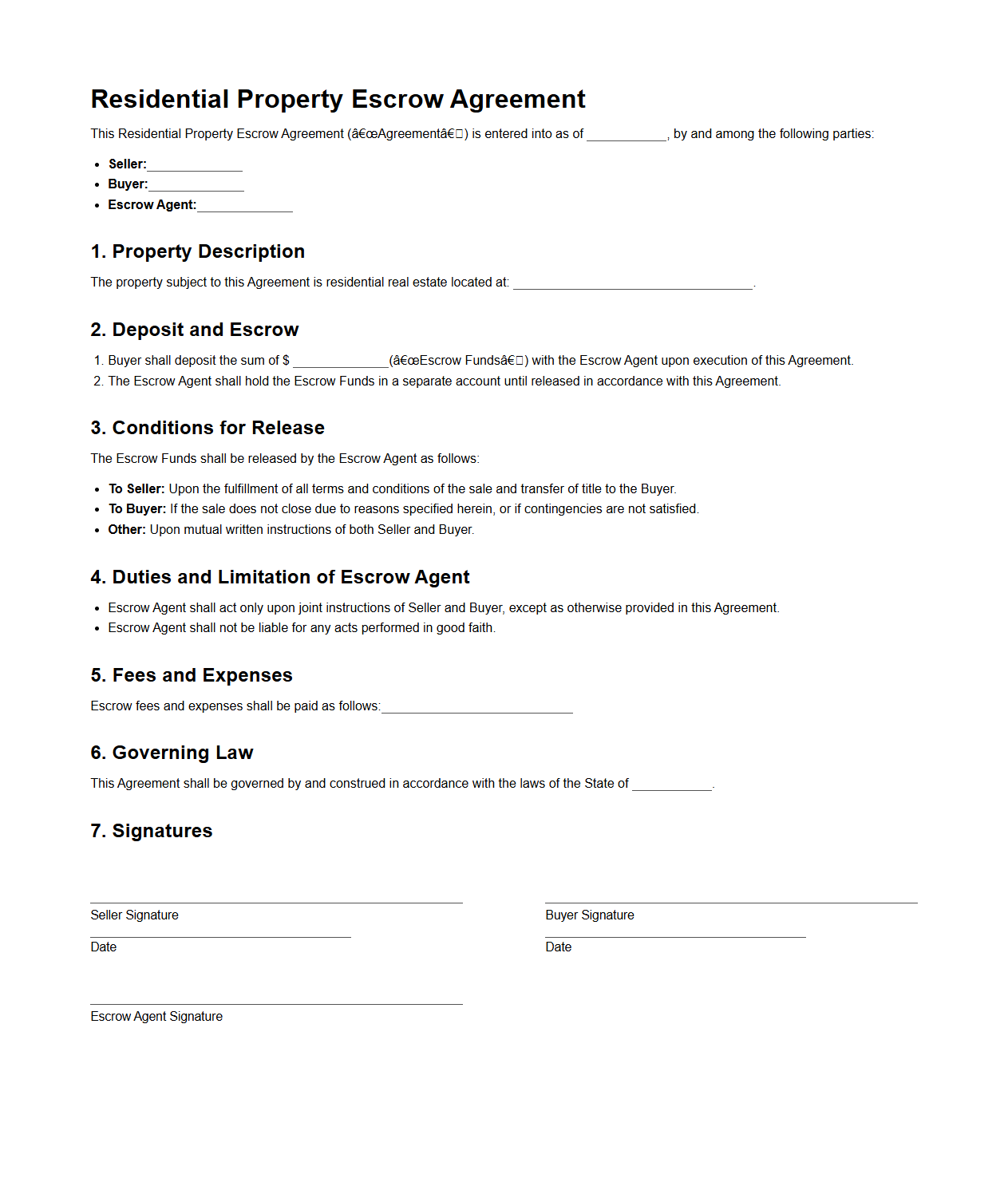Residential Property Escrow Agreement Template