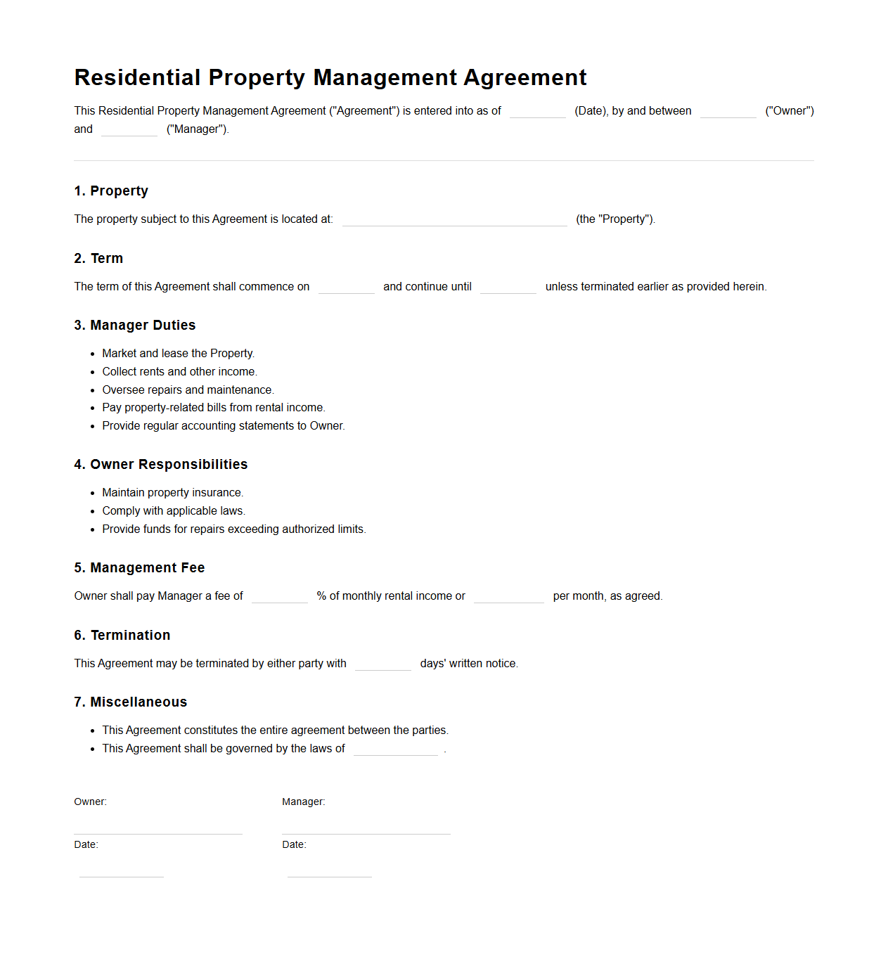 Residential Property Management Agreement Template