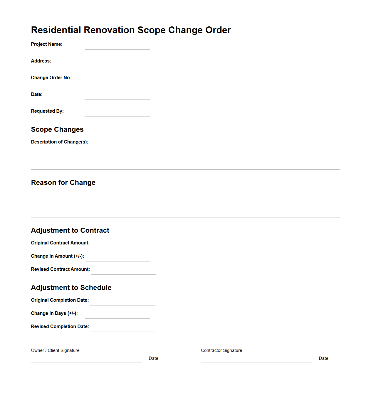 Residential Renovation Scope Change Order Format
