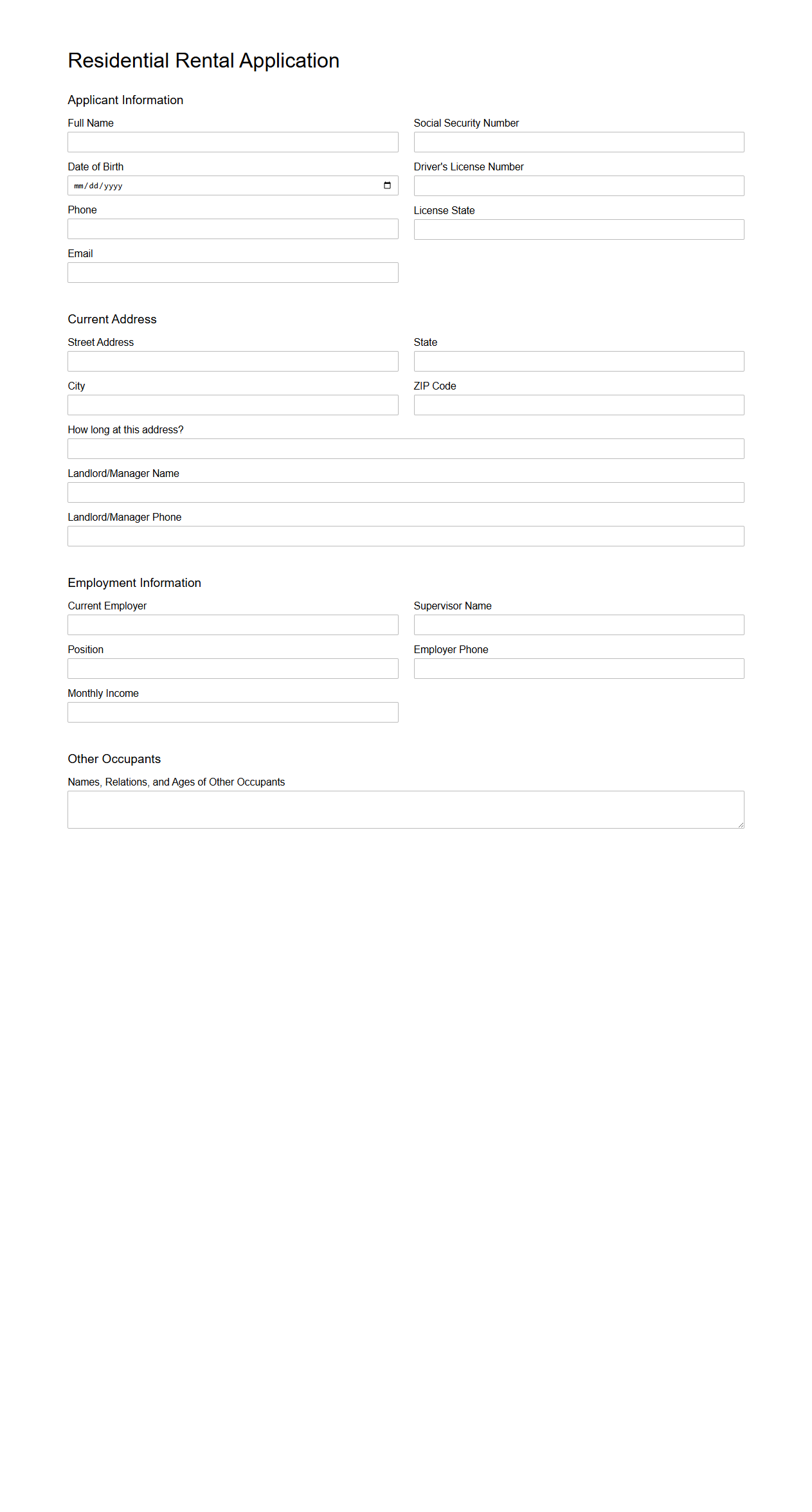 Residential Rental Application Sample for Landlords