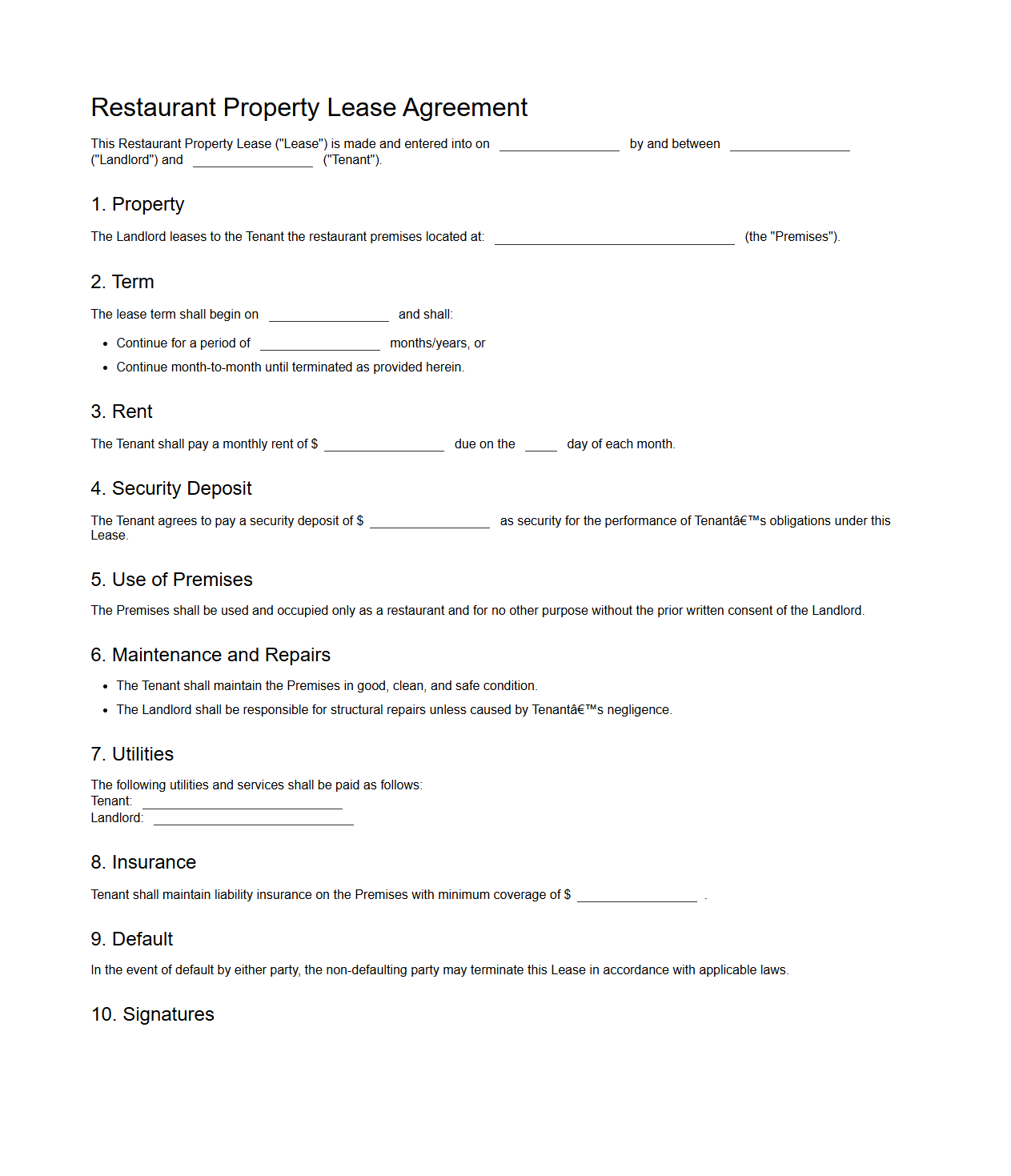 Restaurant Property Lease Template