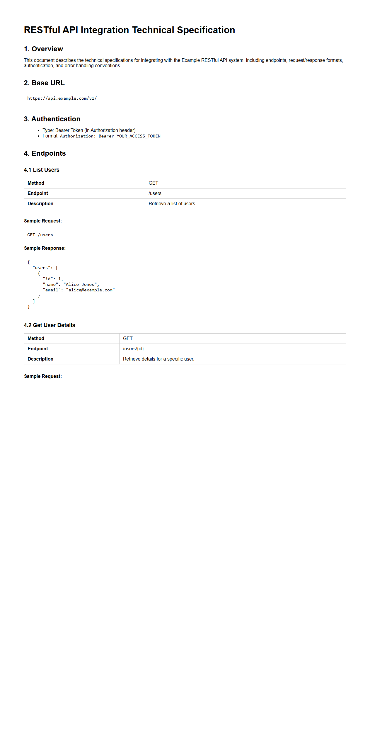 RESTful API Integration Technical Specification