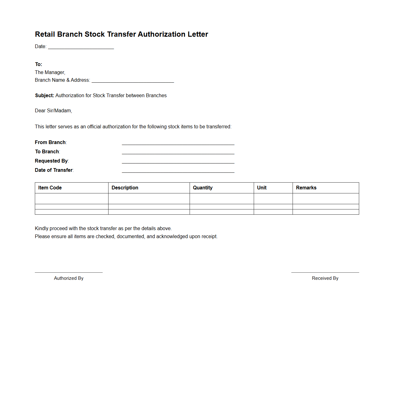Retail Branch Stock Transfer Authorization Letter