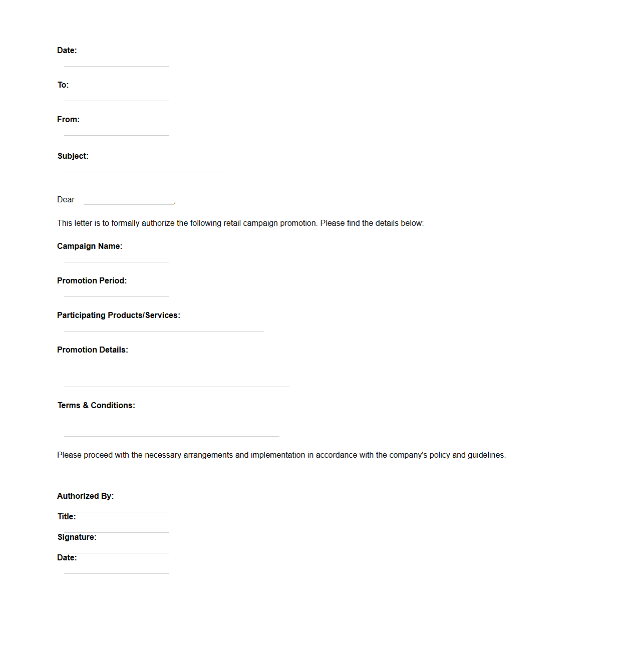 Retail Campaign Promotion Authorization Letter Template