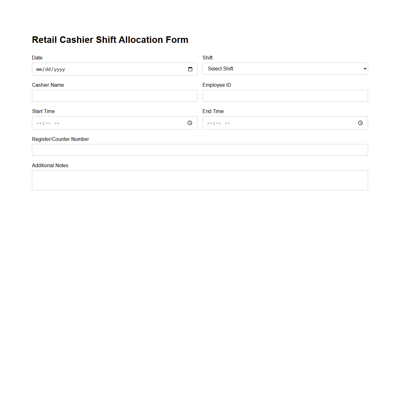 Retail Cashier Shift Allocation Form