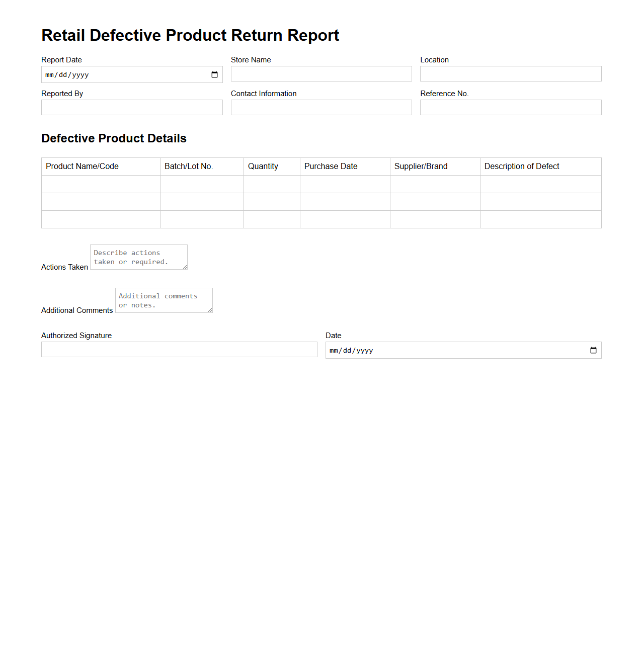 Retail Defective Product Return Report