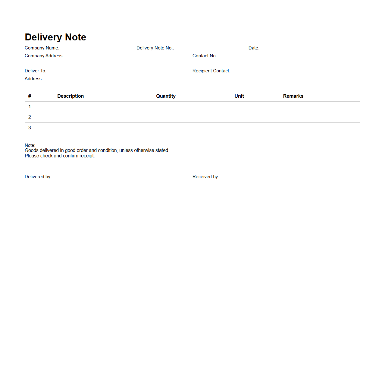 Retail Delivery Note Sample