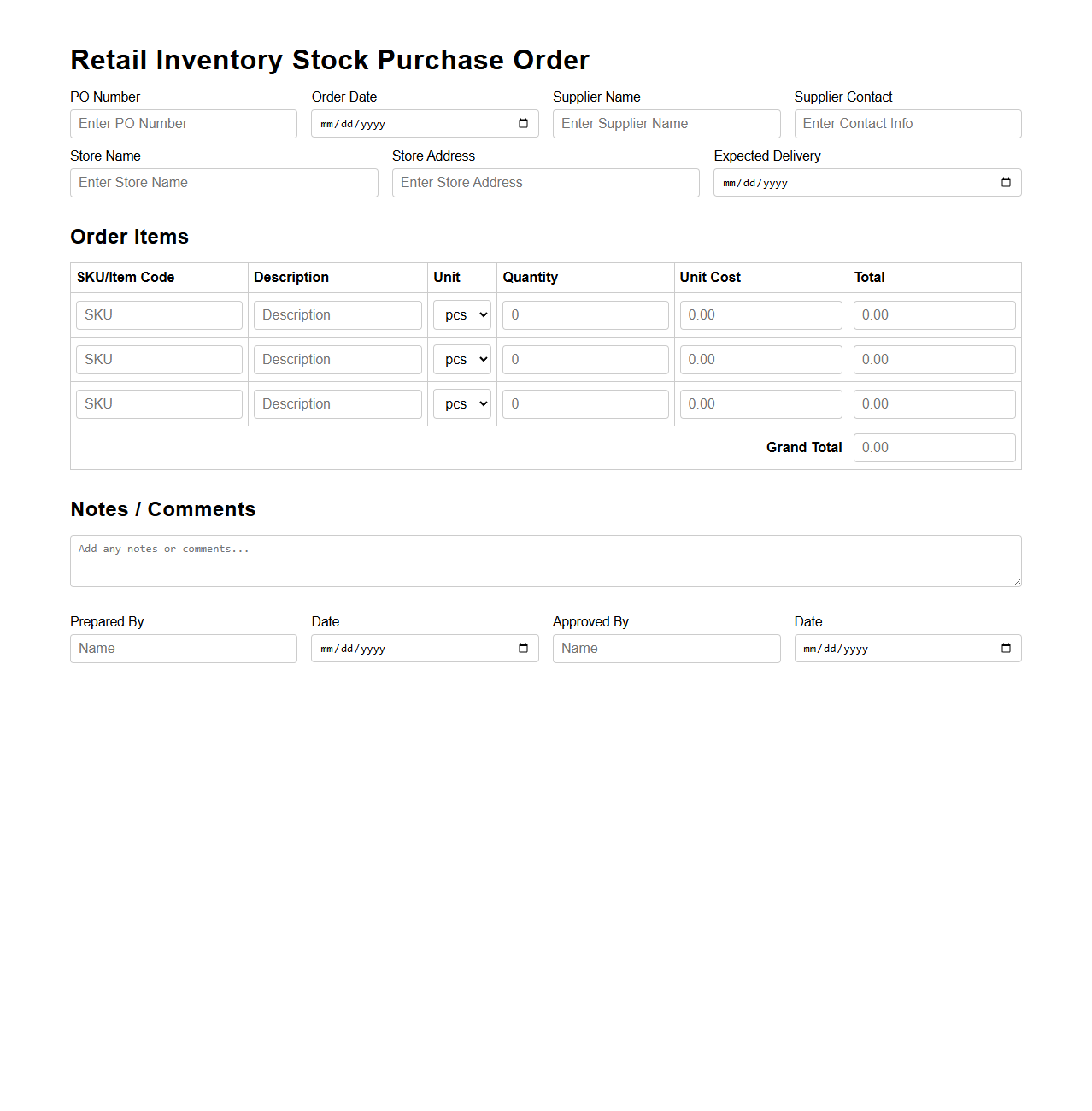 Retail Inventory Stock Purchase Order Sheet