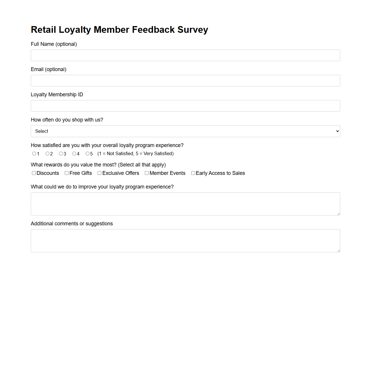Retail Loyalty Member Feedback Survey Form Example