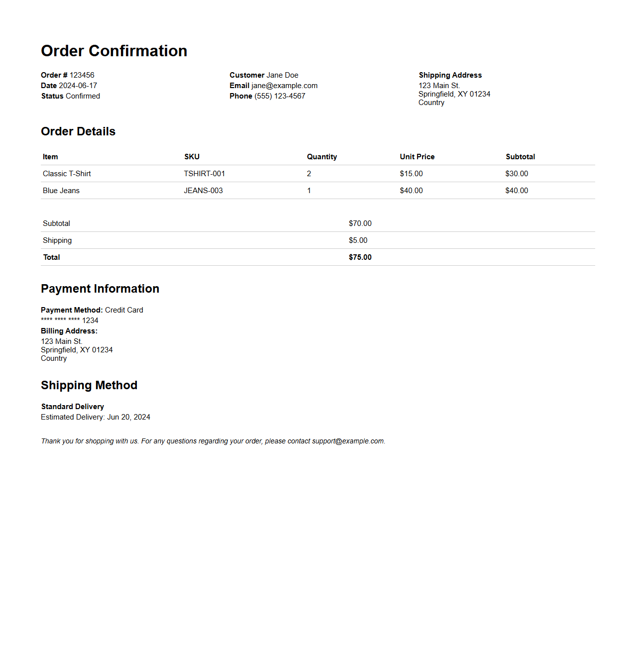 Retail Order Confirmation Document Example