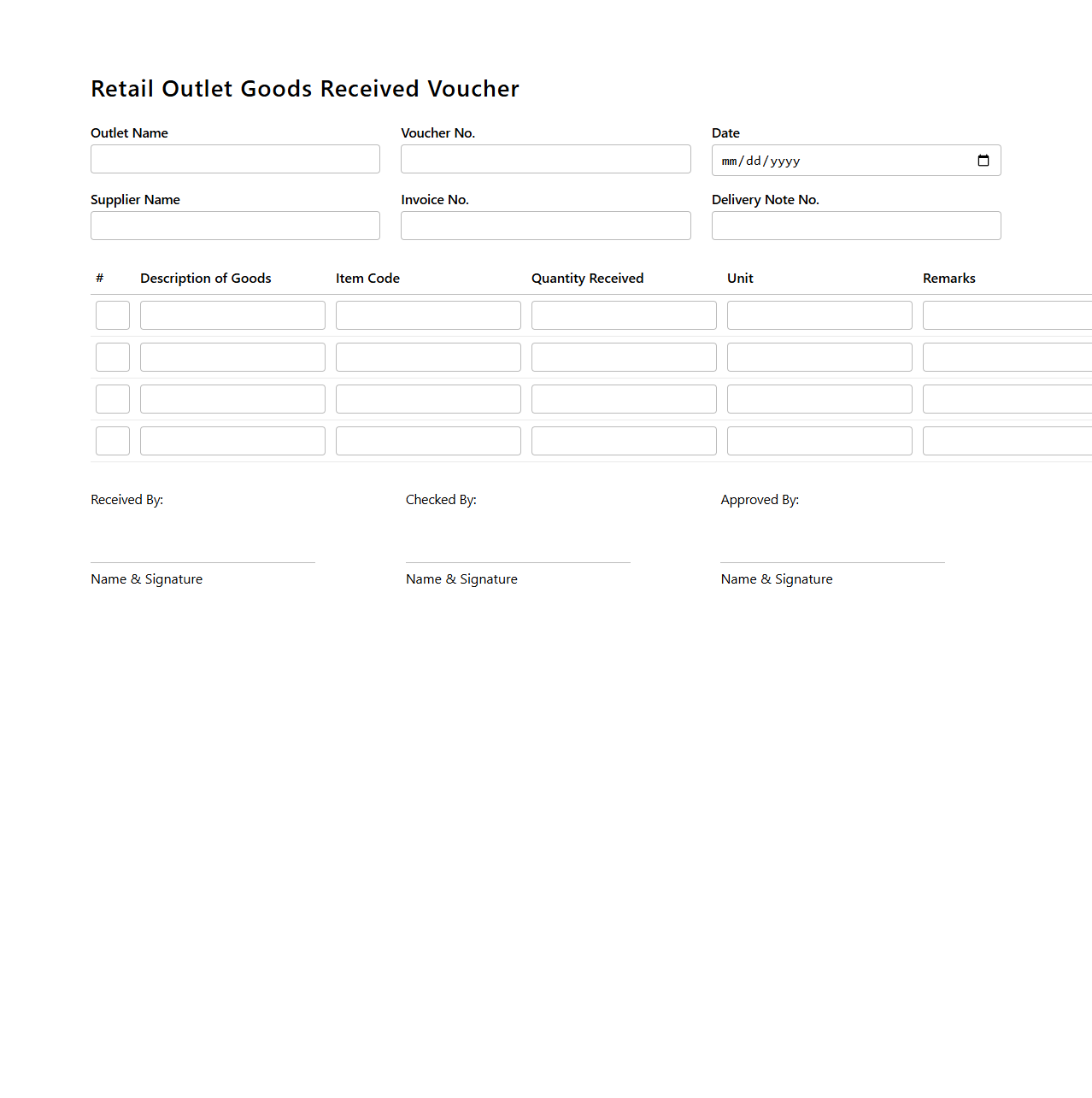 Retail Outlet Goods Received Voucher