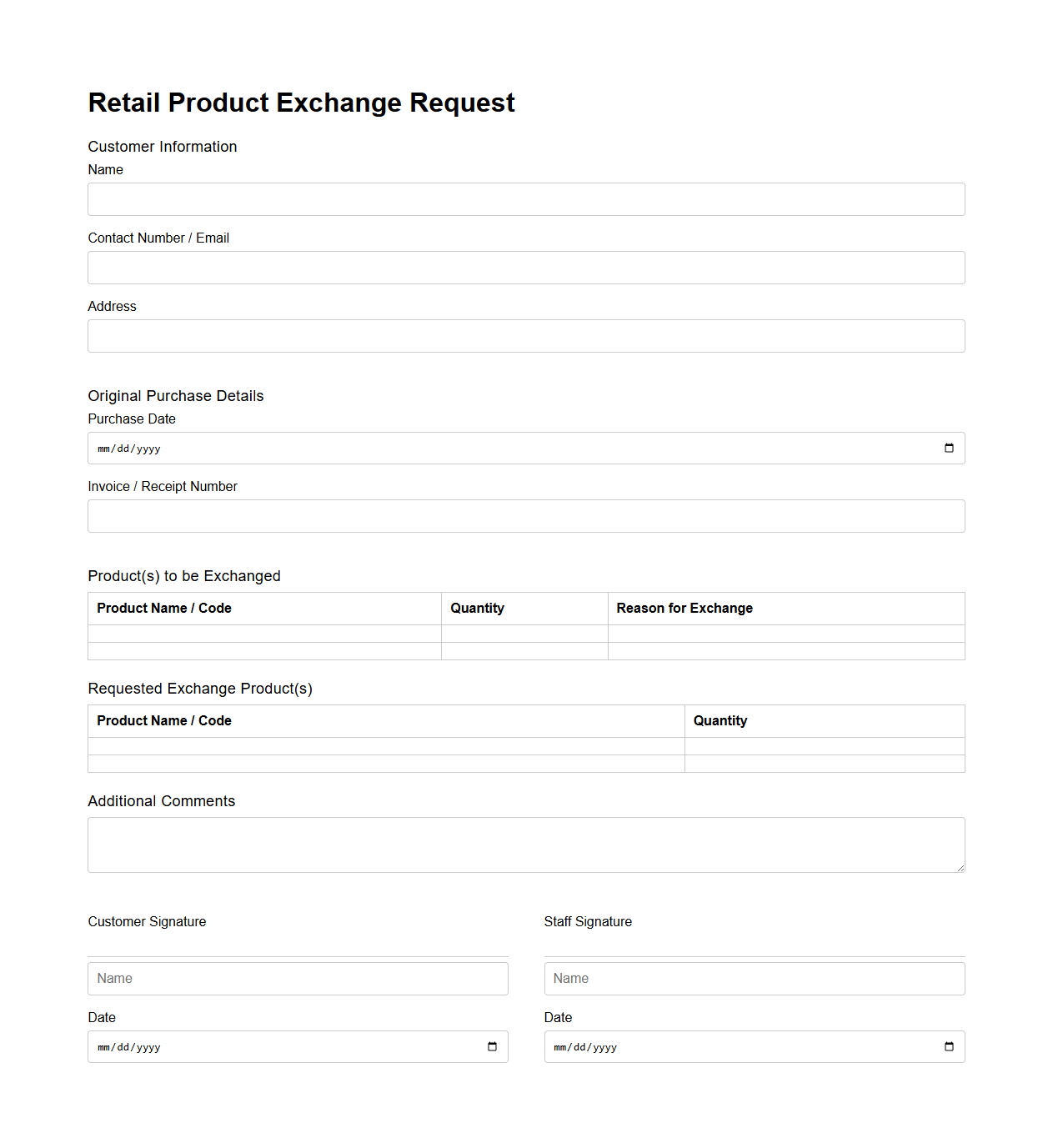 Retail Product Exchange Request Template